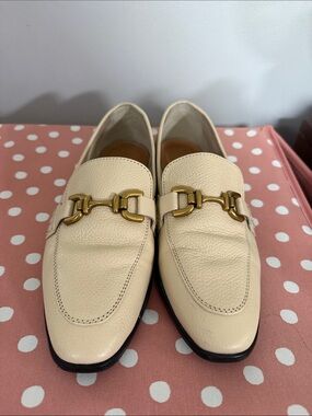 Zara Cream Leather Horsebit Loafers with Gold Hardware